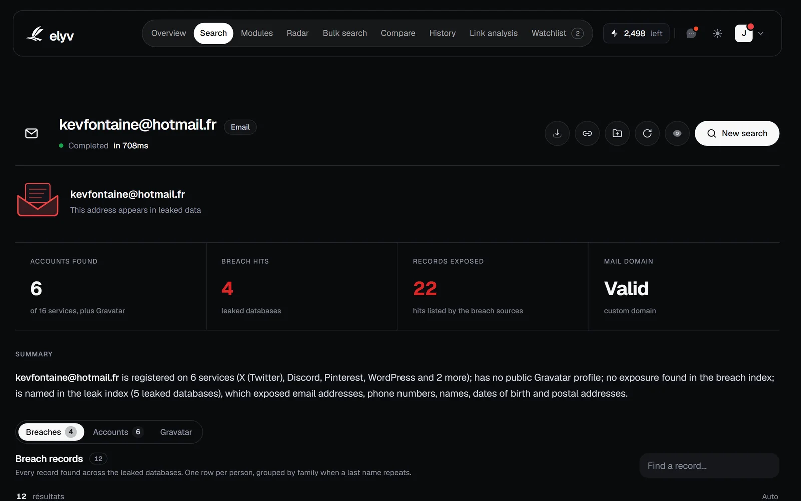 An email search in Elyv with the subject dossier built from its results