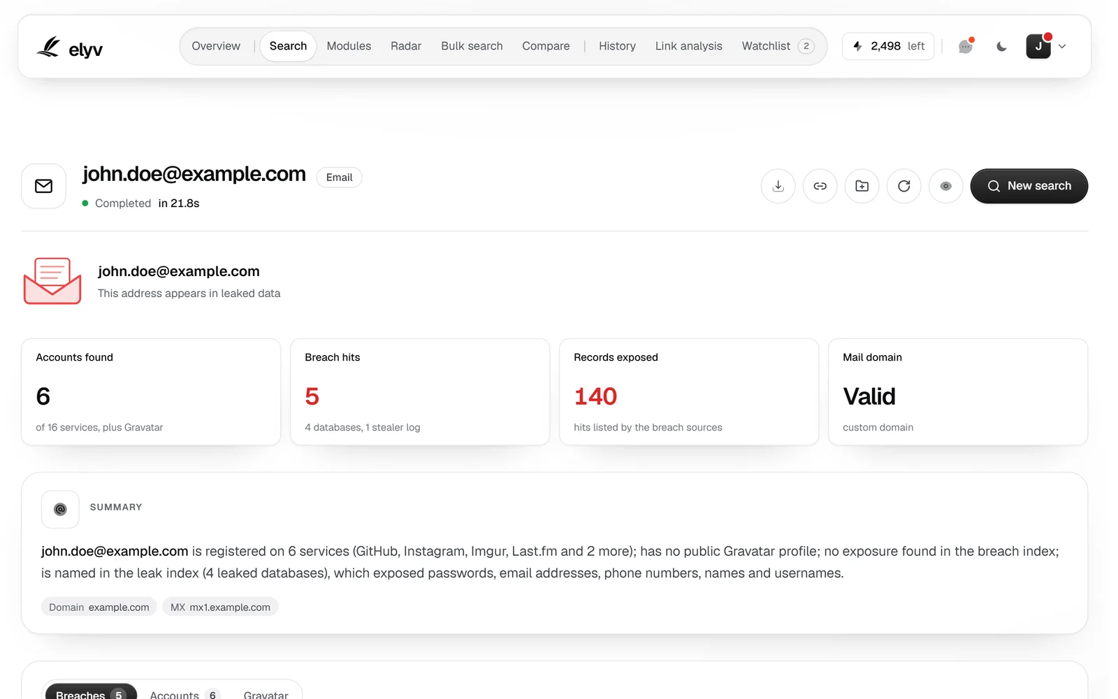 An email search in Elyv with the subject dossier built from its results
