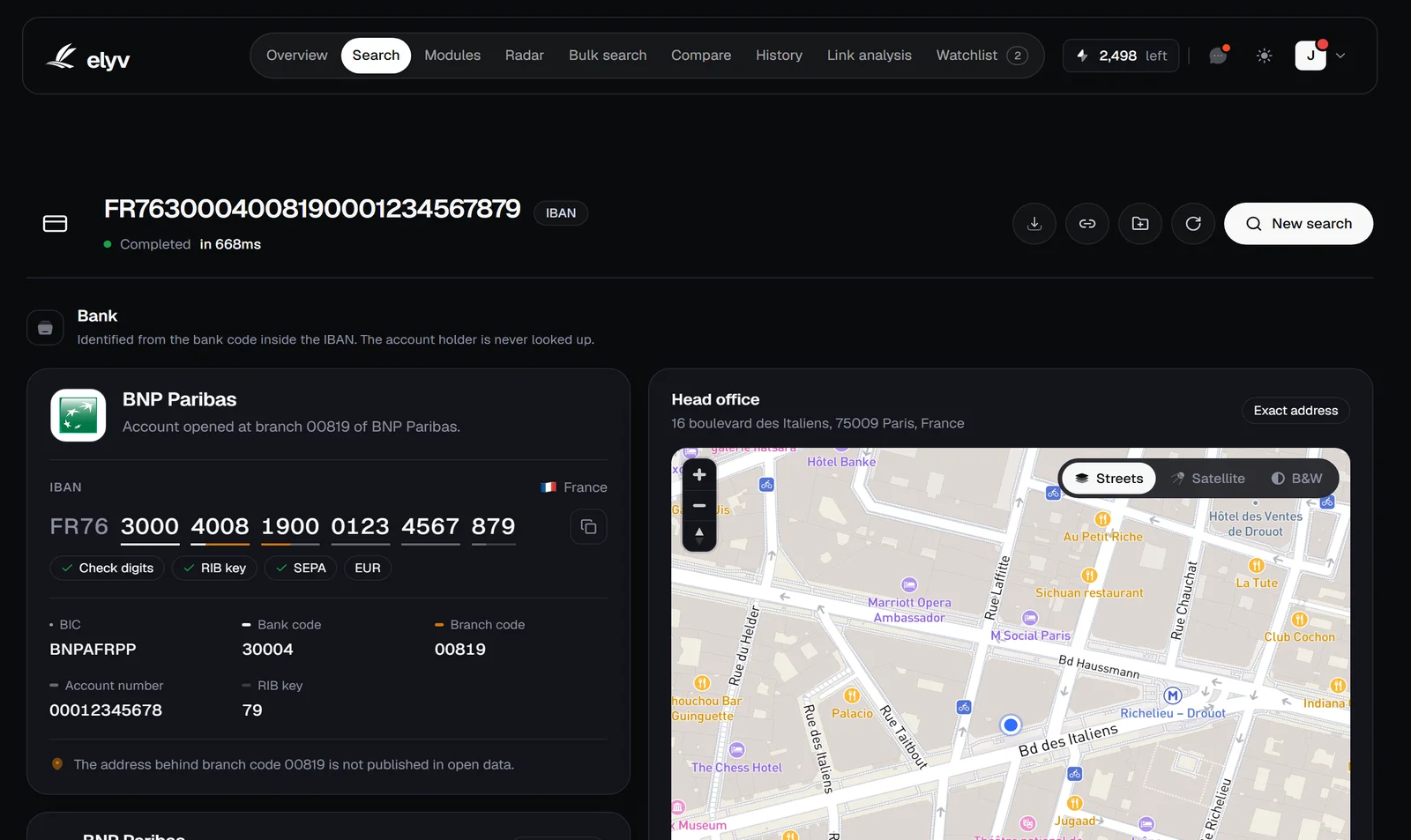 The bank Elyv shows for an IBAN, with its codes, share capital and head office on a map