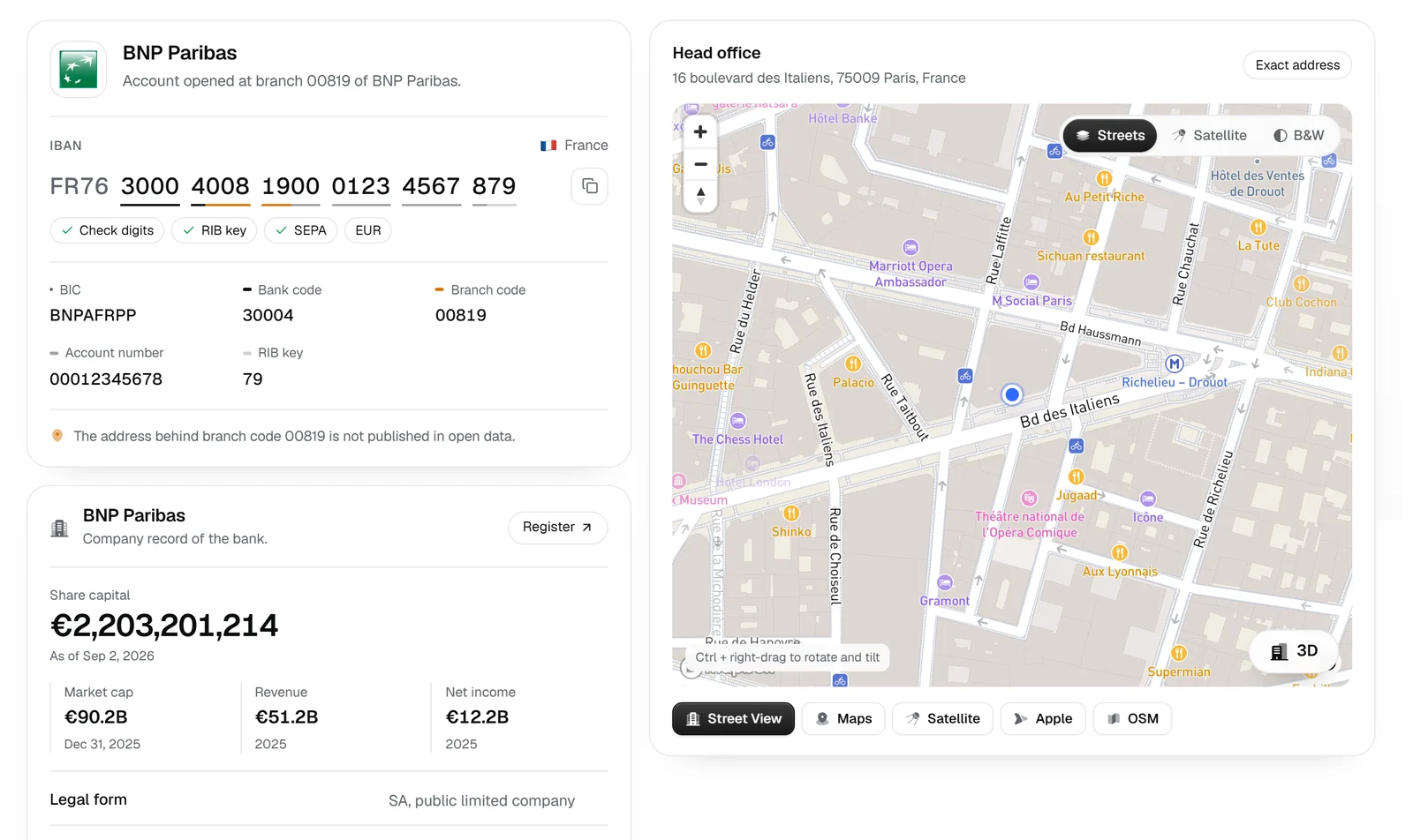 The bank Elyv shows for an IBAN, with its codes, share capital and head office on a map